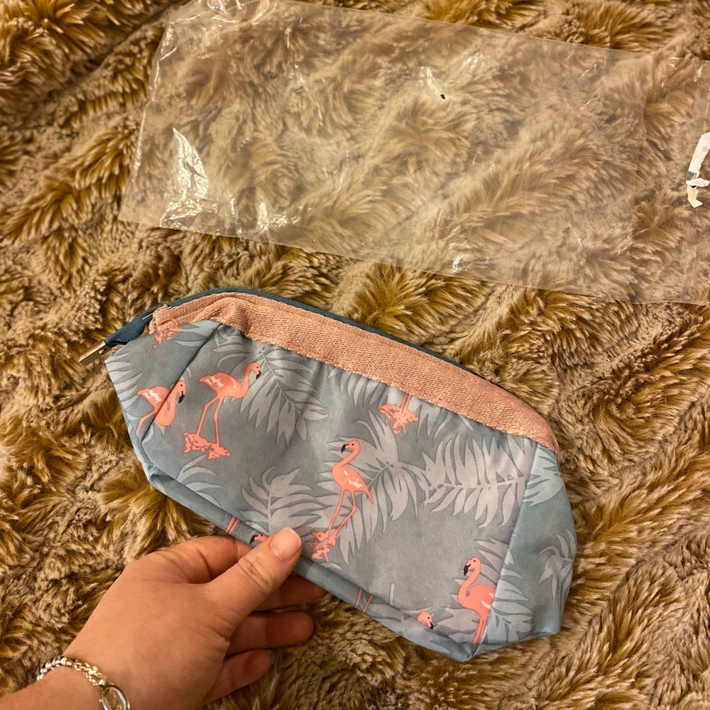 NWOT pink and blue flamingo cosmetics bag